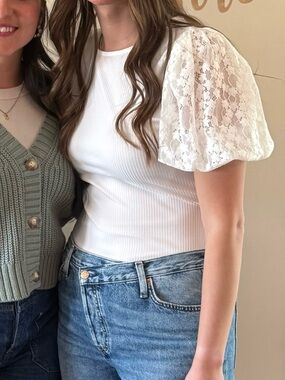 White Lace Puff Sleeve Ribbed Top - Women